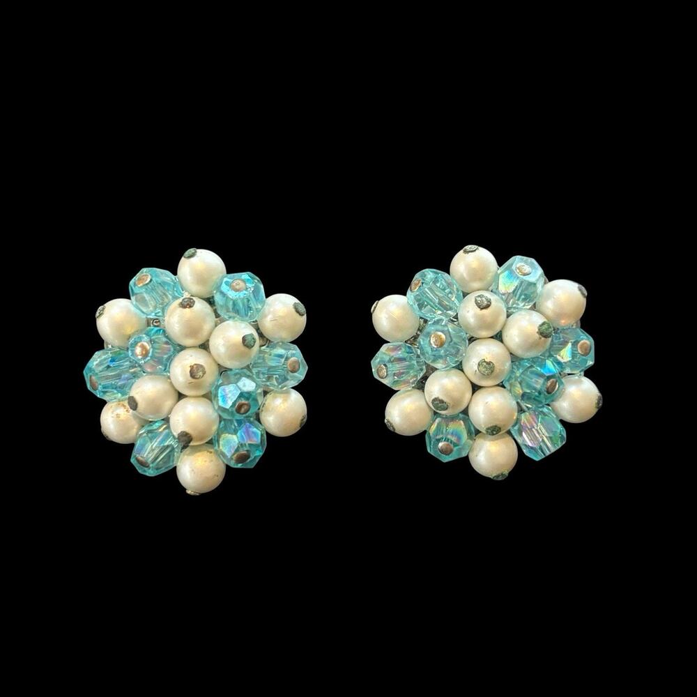Vintage 50s Japan Faux Pearl Aqua AB Crystal Beaded Cluster Clip On Earrings